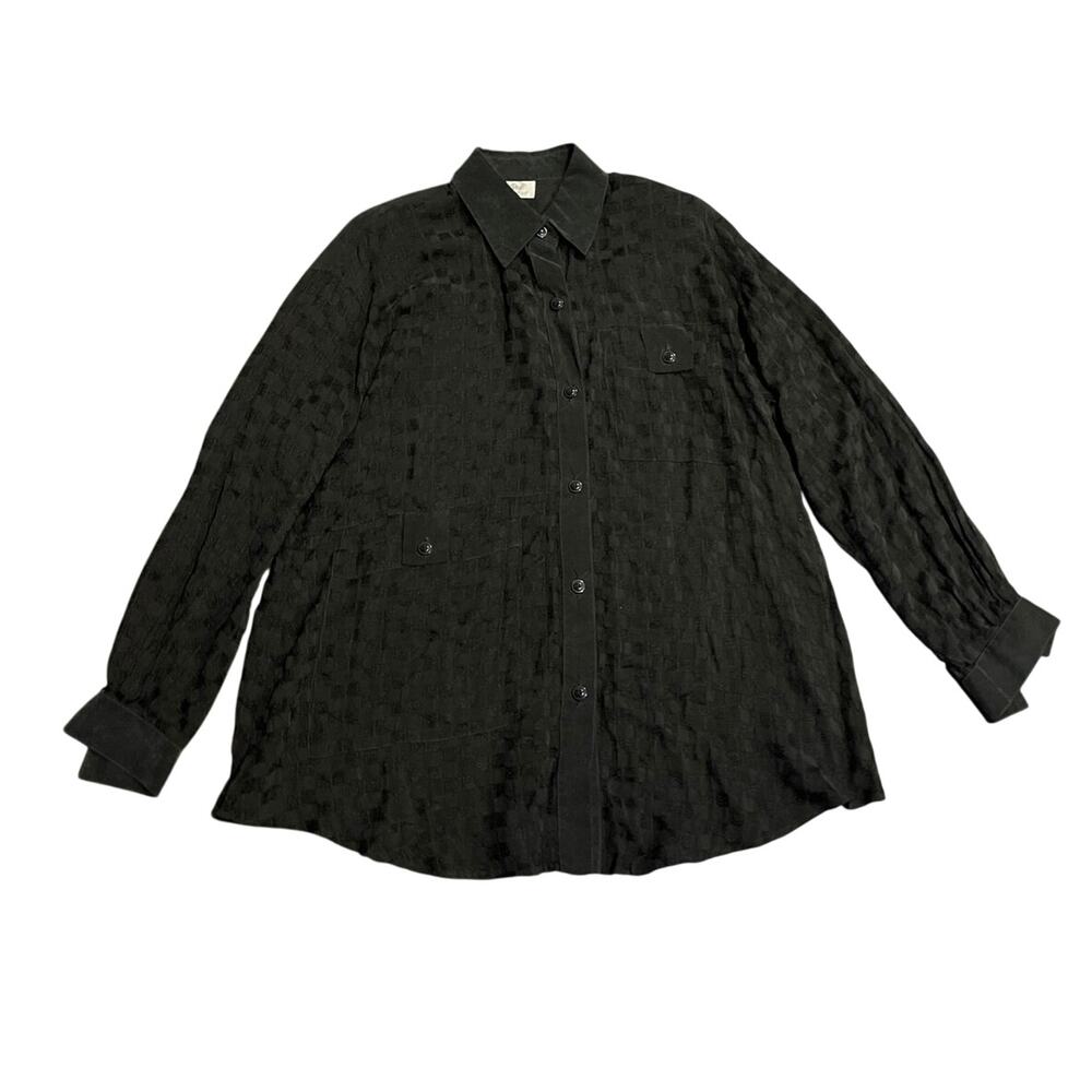 Vintage Landsford Sport Black Checkered Long Sleeve Button Blouse Shoulder Pads